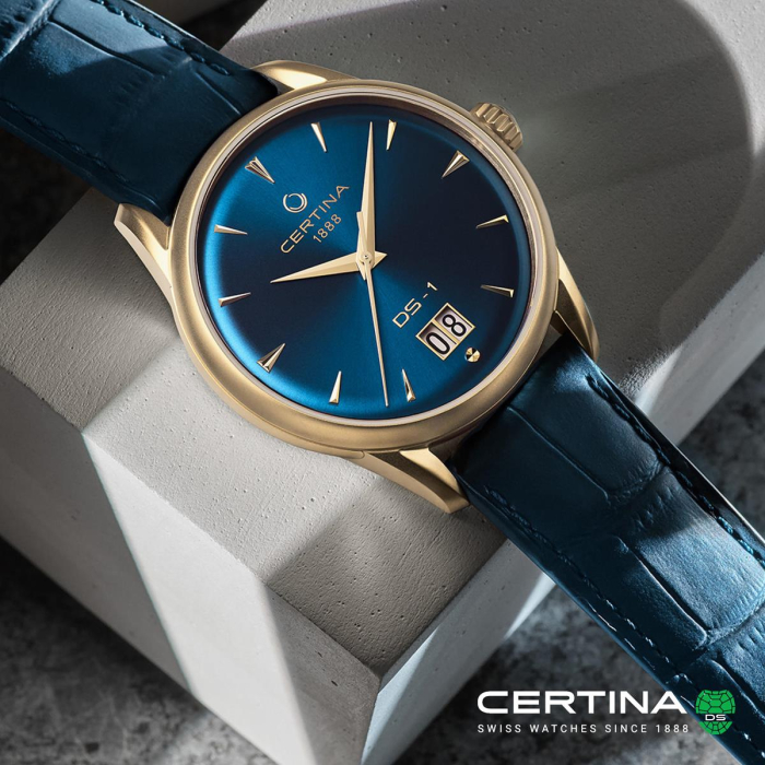 Certina DS-1 Big Date C029.426.36.041.00 - delikatnie połyskująca granatowa tarcza