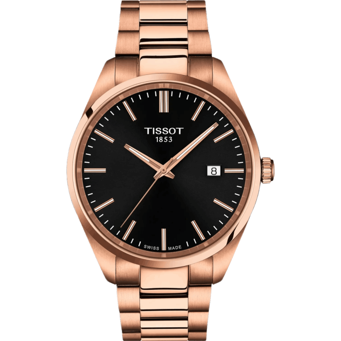 Tissot PR100 T150.410.33.051.00 - połączenie eleganckiego różowego koloru złota z czarną tarczą